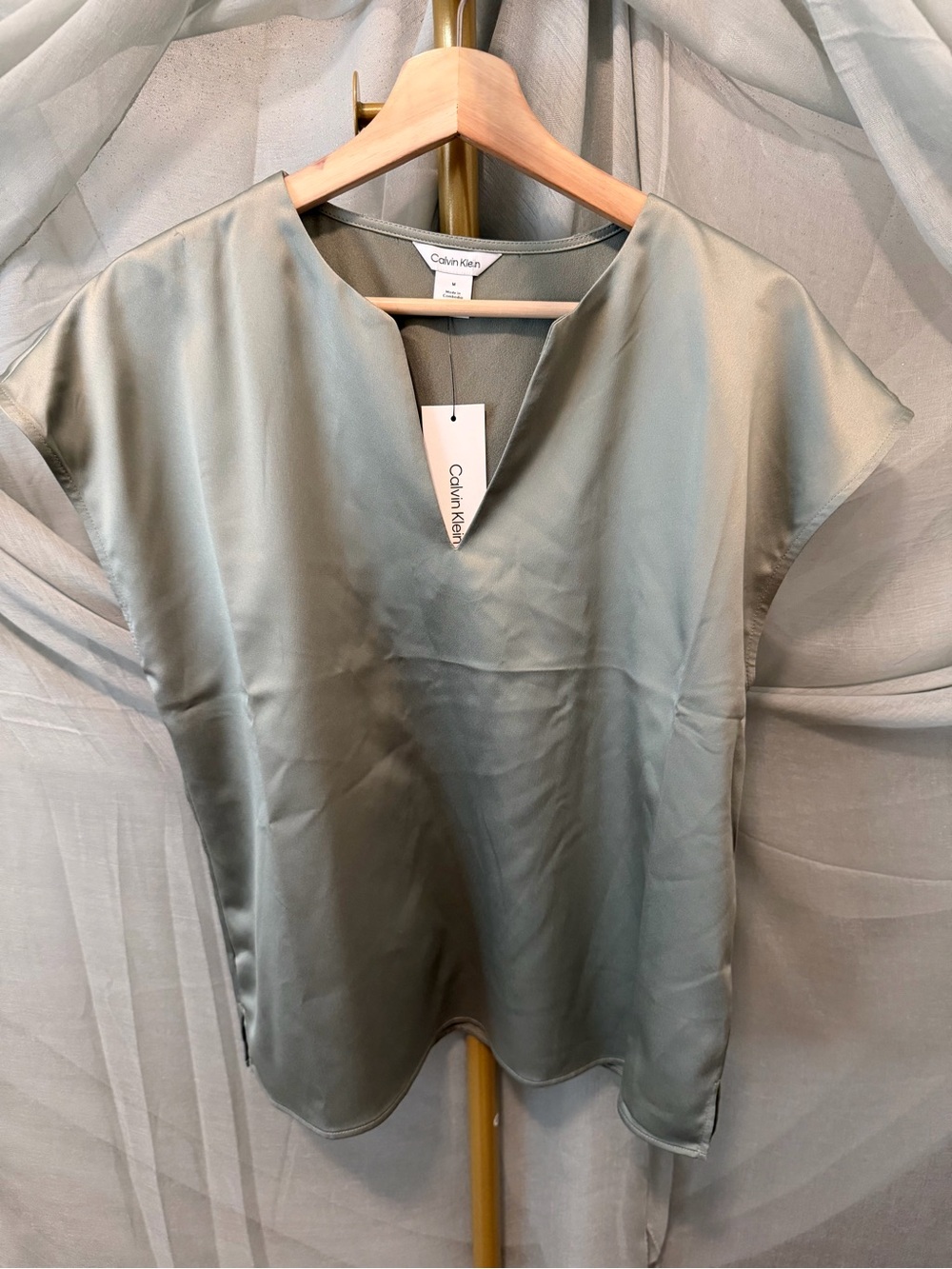 Calvin Klein Satin Split-Neck Short Sleeve Top in Sage - Picture 2 of 5